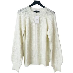 New! o.p.t Cable Knit Wool Mohair Soft Cozy Balloon Sleeve Crewneck Sweater